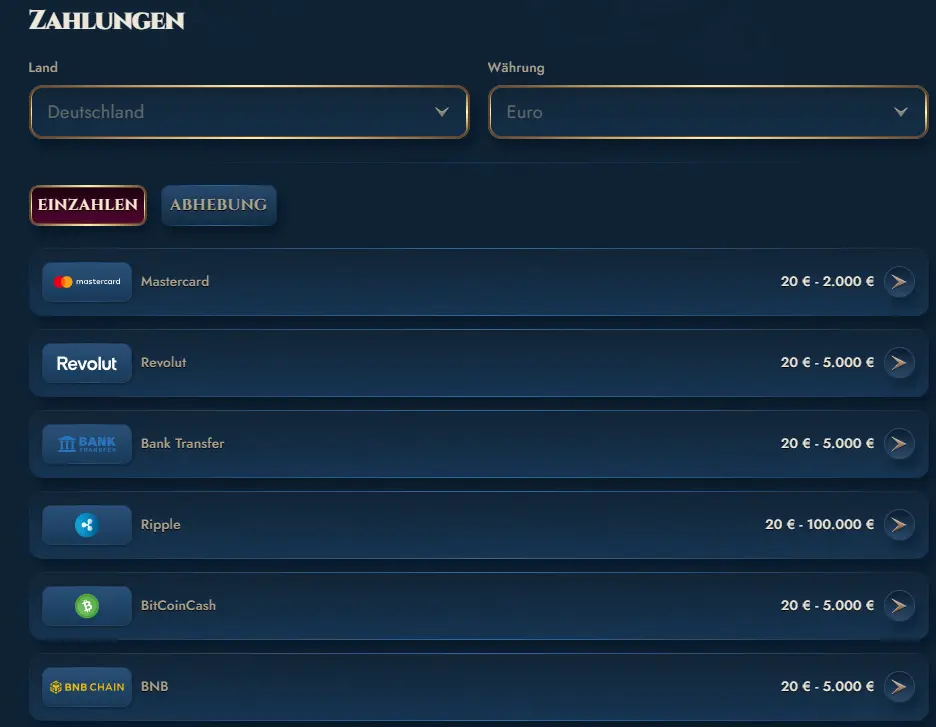 RichRoyal Einzahlungen und Auszahlungen